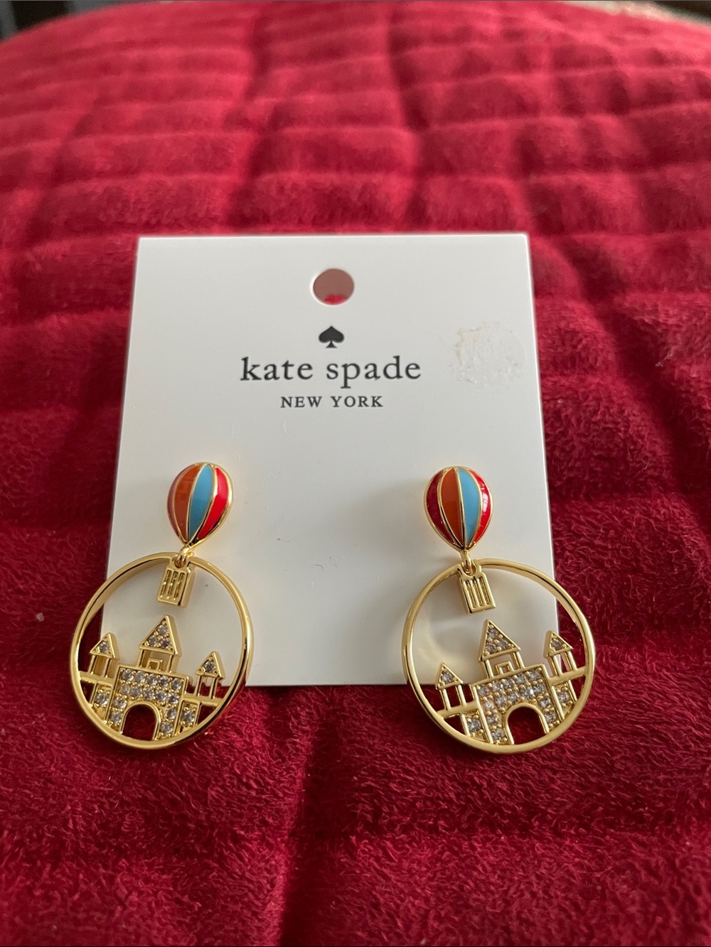 kate spade Gold Castle Drop Earrings with Red and Turquoise Enamel Balloons NWT